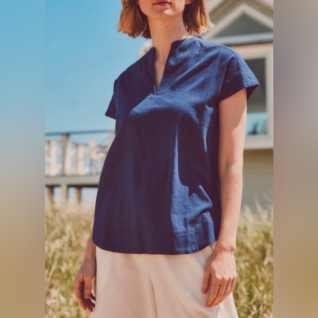 Leallo Sea Cliff Navy V Neck Cotton Linen Blend Tunic Top Size L Euc